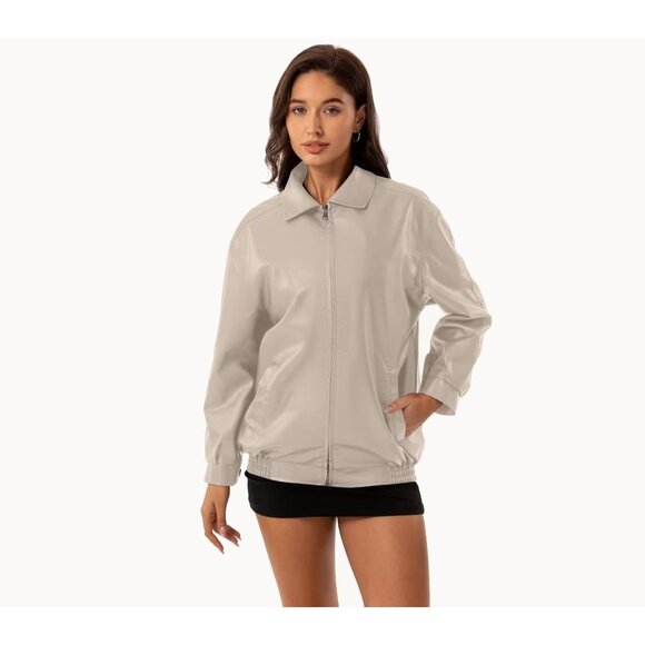 Women's Beige Oversized Faux Leather Fashion Zip Up Motorcycle Loose Fit Jacket - Picture 4 of 7